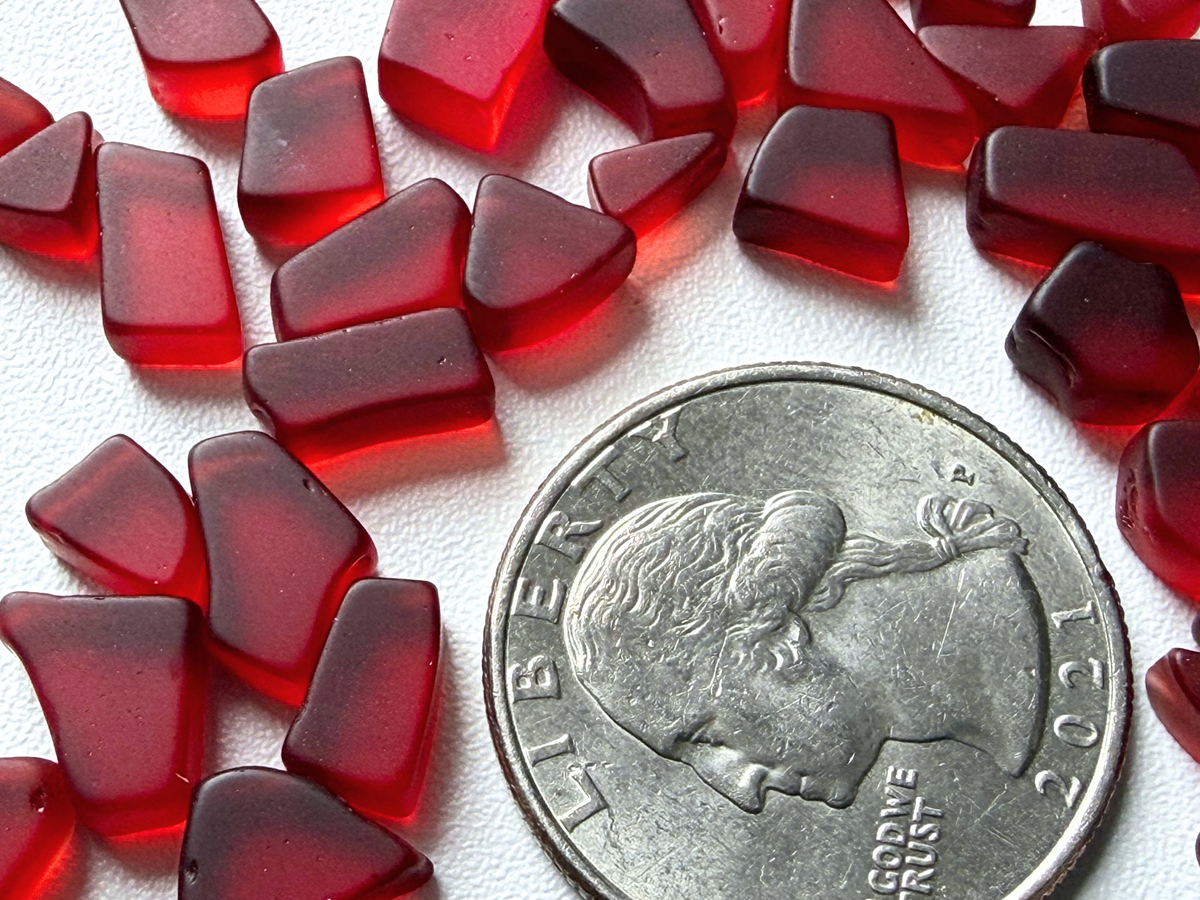 Close-up macro shot of cranberry red micro sea glass pieces beside a quarter, highlighting the tiny frosted texture and true filler size of each piece.