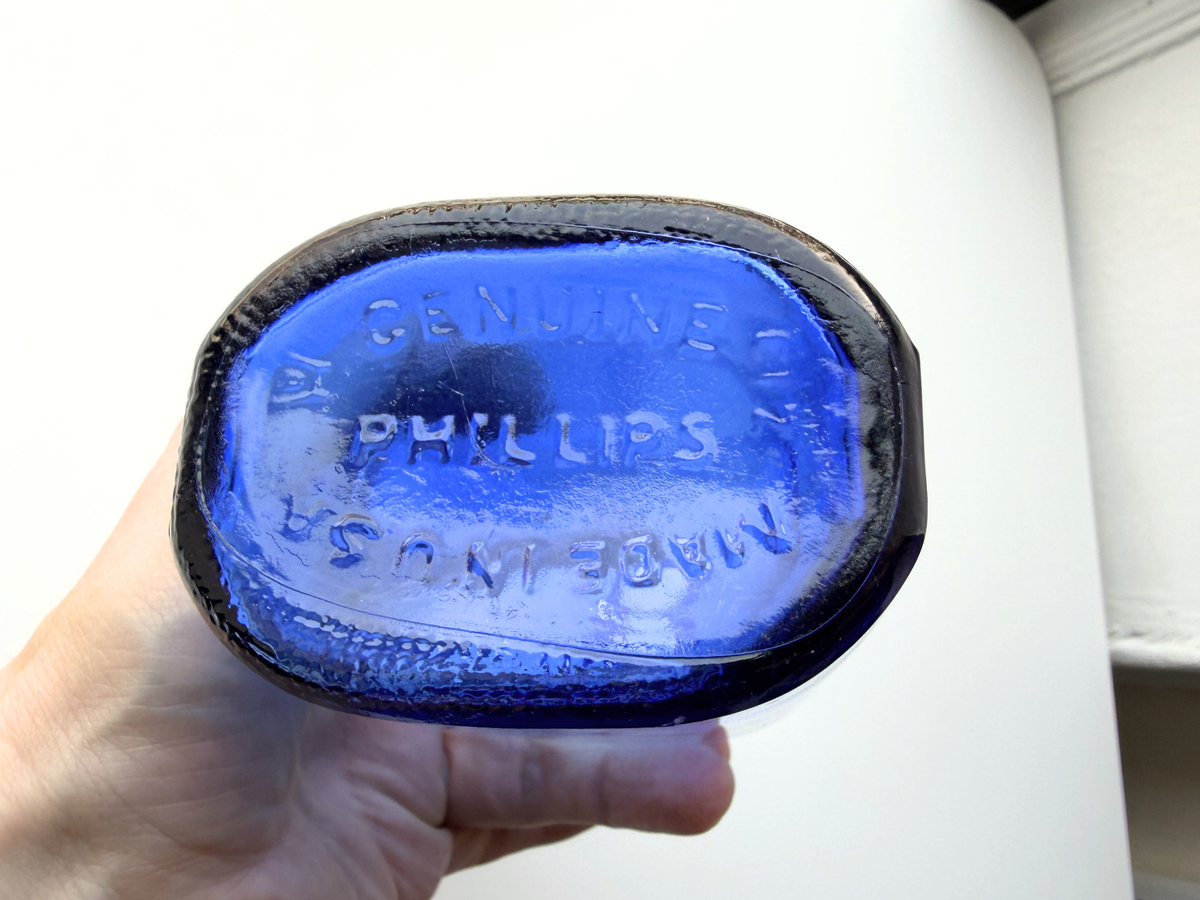 Phillips bottle base embossed Genuine Made in USA, cobalt blue glass