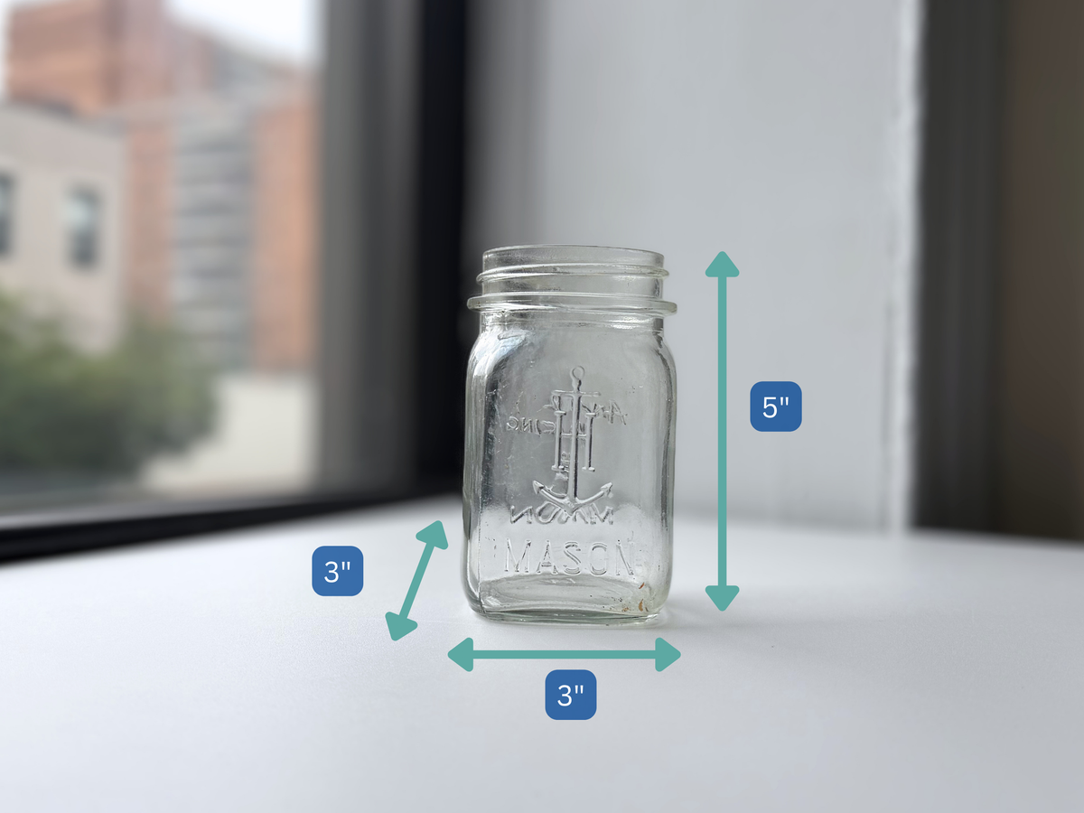 Anchor Hocking mason jar with height measurement overlay showing 5 inches.