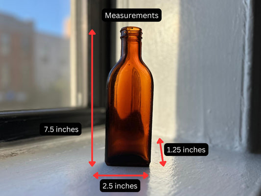 Vintage Father John's Medicine amber bottle measurements: 7.5 inches tall, 2.5 inches wide, and 1.25 inches in diameter – Brooklyn Sea Glass