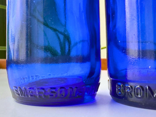 Set of 2 vintage Bromo Seltzer cobalt blue medicine bottles from early 1900s Emerson Drug Company Baltimore, rescued from NYC beaches. Each bottle 4 inches tall with embossed EMERSON DRUG CO and BROMO SELTZER – Brooklyn Sea Glass