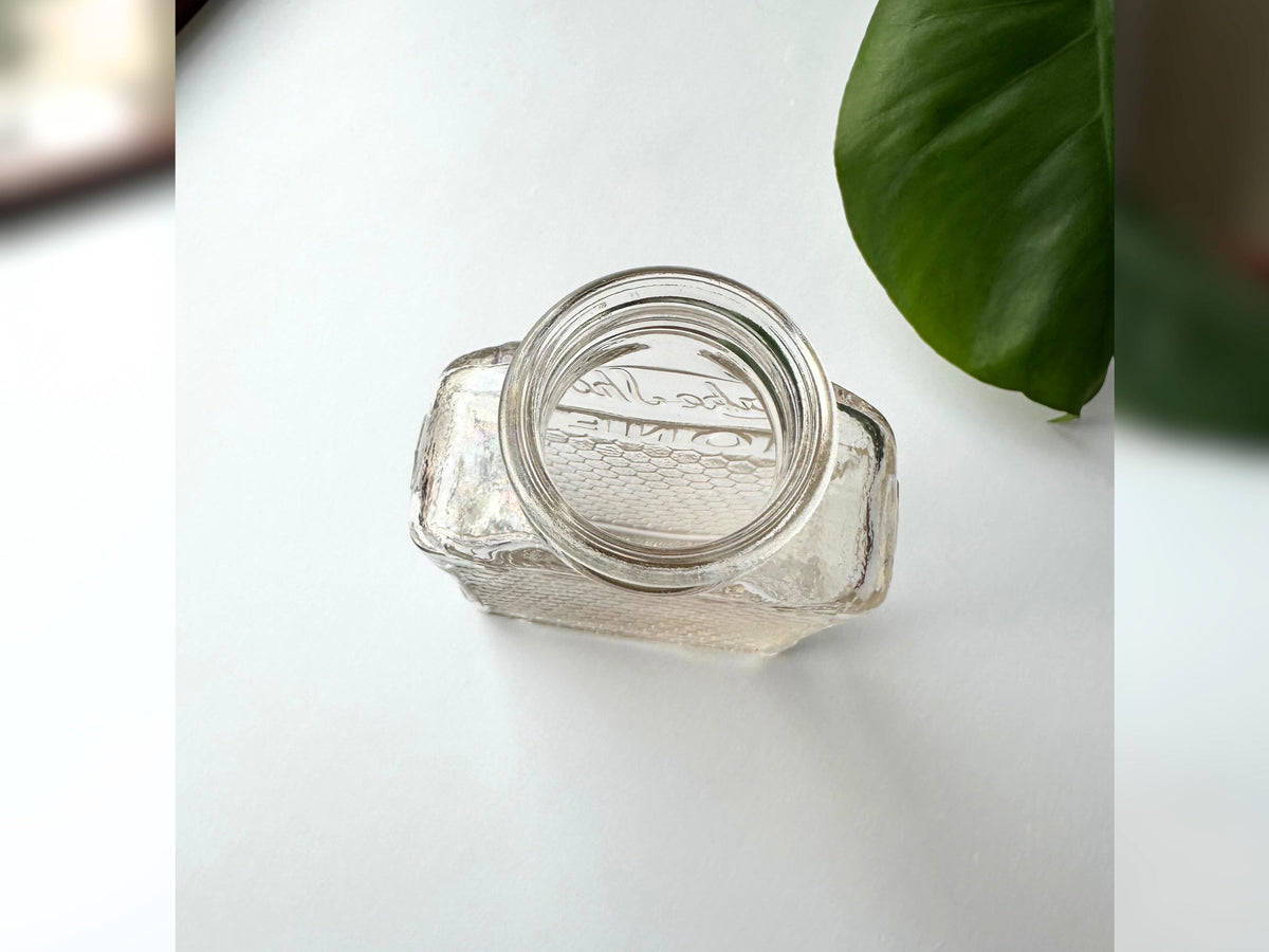 Lake Shore Honeycomb Jar top view showing wide mouth and thick glass lip, pink-tinted vintage glass
