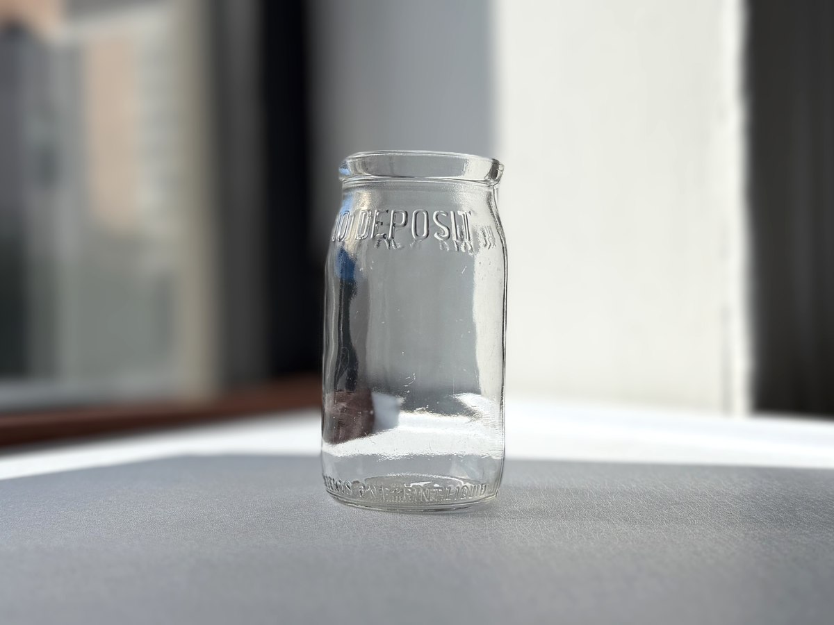 No Deposit 1954 pint milk bottle mouth and top view, clear glass in exceptional condition