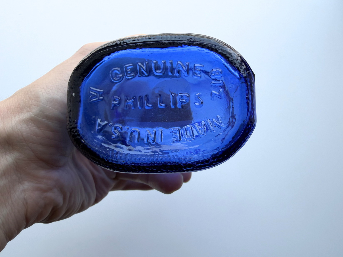 Phillips bottle base embossed Genuine Made in USA, cobalt blue glass