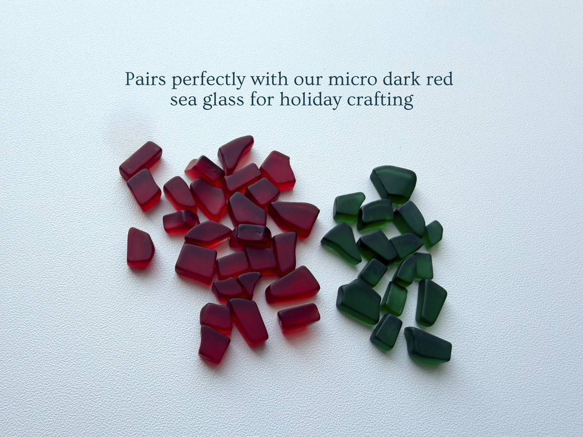 Infographic showing piles of cranberry red and dark green micro sea glass side by side, with text noting they pair perfectly for holiday crafting.