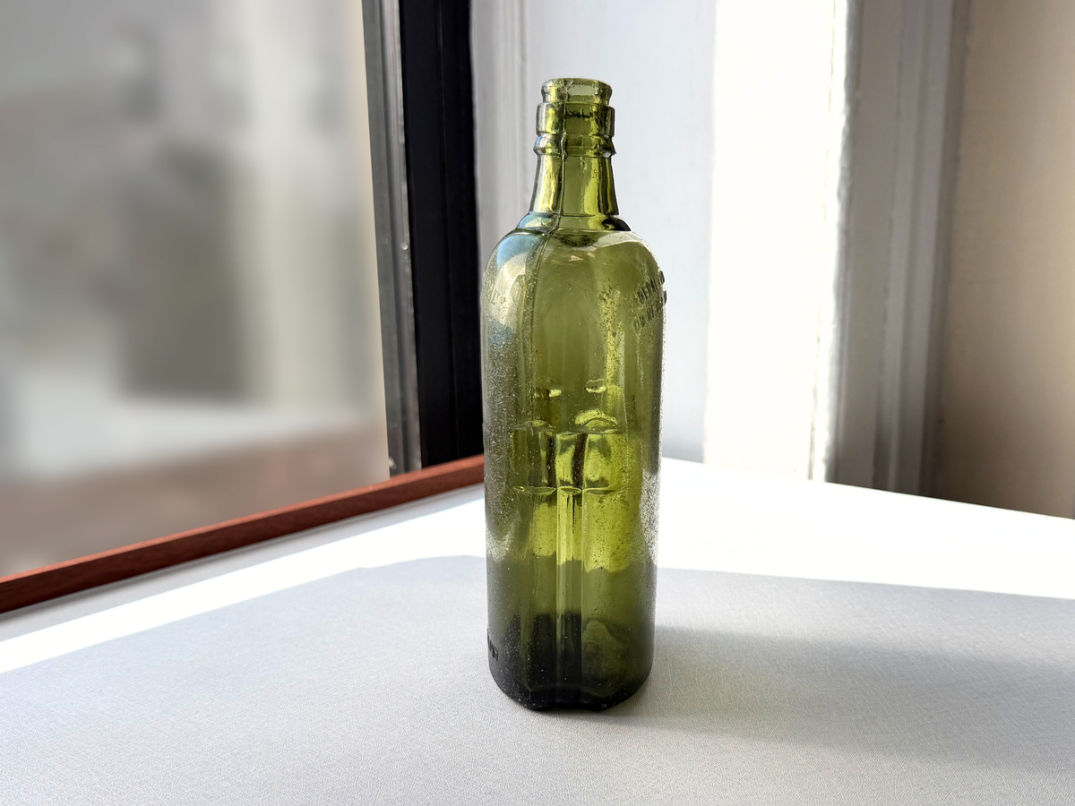Black and White Deluxe antique Scotch bottle styling detail, green glass vintage barware for bar cart display