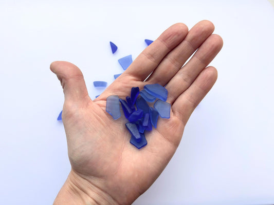 Hand holding deep blue sea glass – shows scale of small jewelry-sized pieces