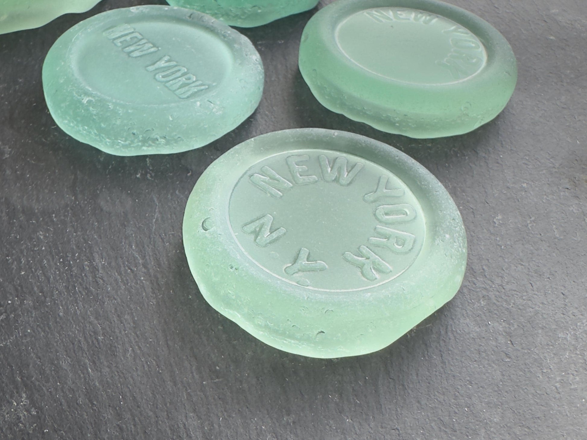 Vintage NYC Coca-Cola bottle bottom glass drawer pull, antique green glass cabinet hardware