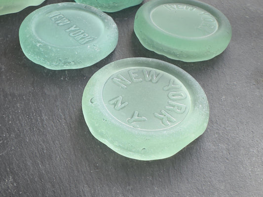 Vintage NYC Coca-Cola bottle bottom glass drawer pull, antique green glass cabinet hardware