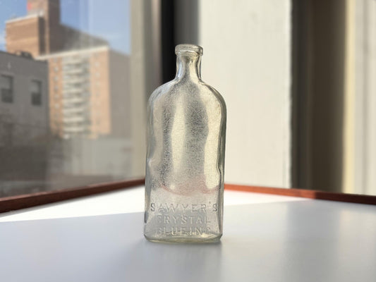 Vintage Sawyer's Crystal Blueing clear glass bottle 7.75 inches tall completely frosted by ocean exposure - Victorian era laundry product bottle hand-recovered from NYC beach