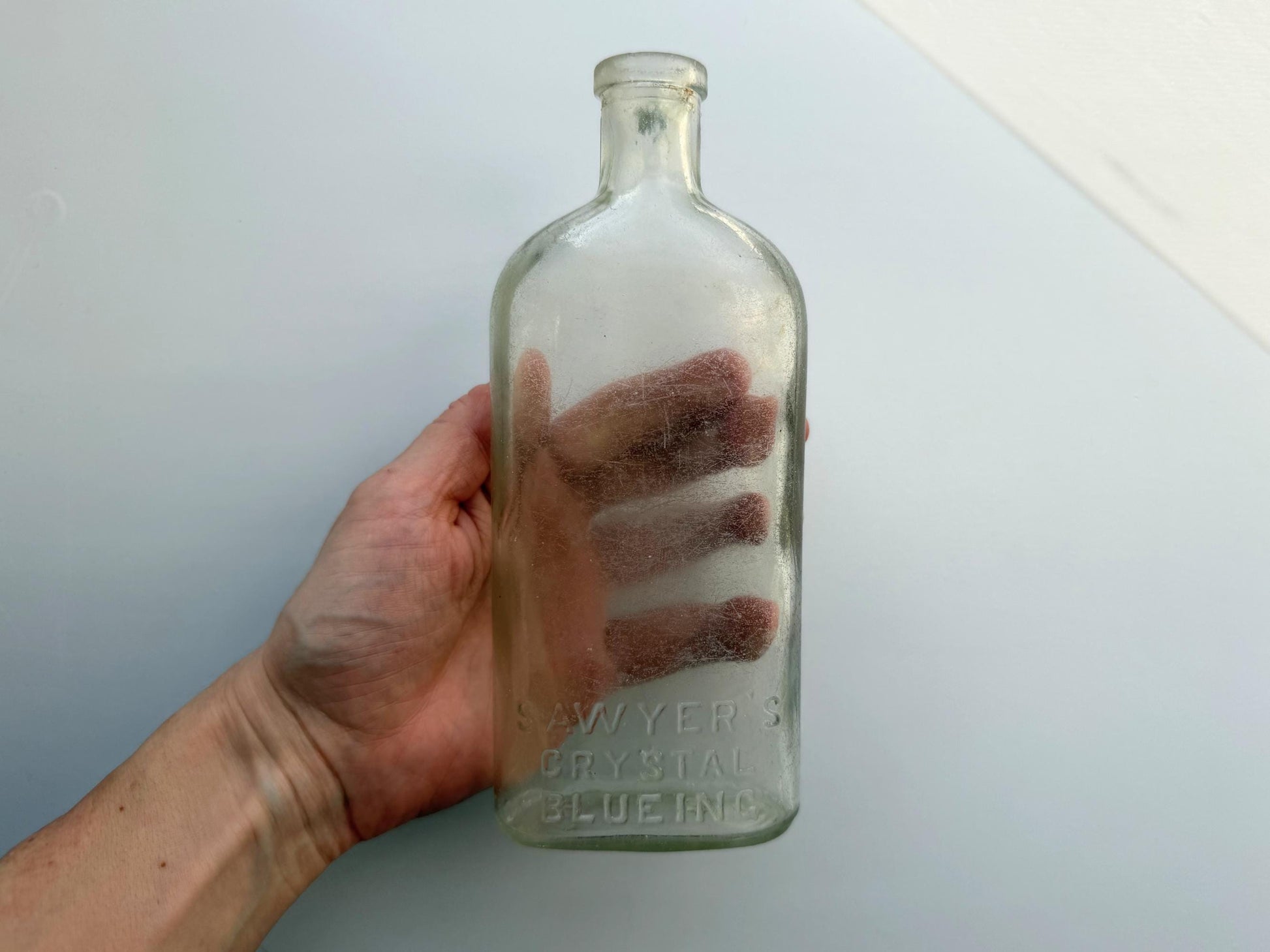 Vintage Sawyer's Crystal Blueing clear glass bottle 7.75 inches tall completely frosted by ocean exposure - Victorian era laundry product bottle hand-recovered from NYC beach