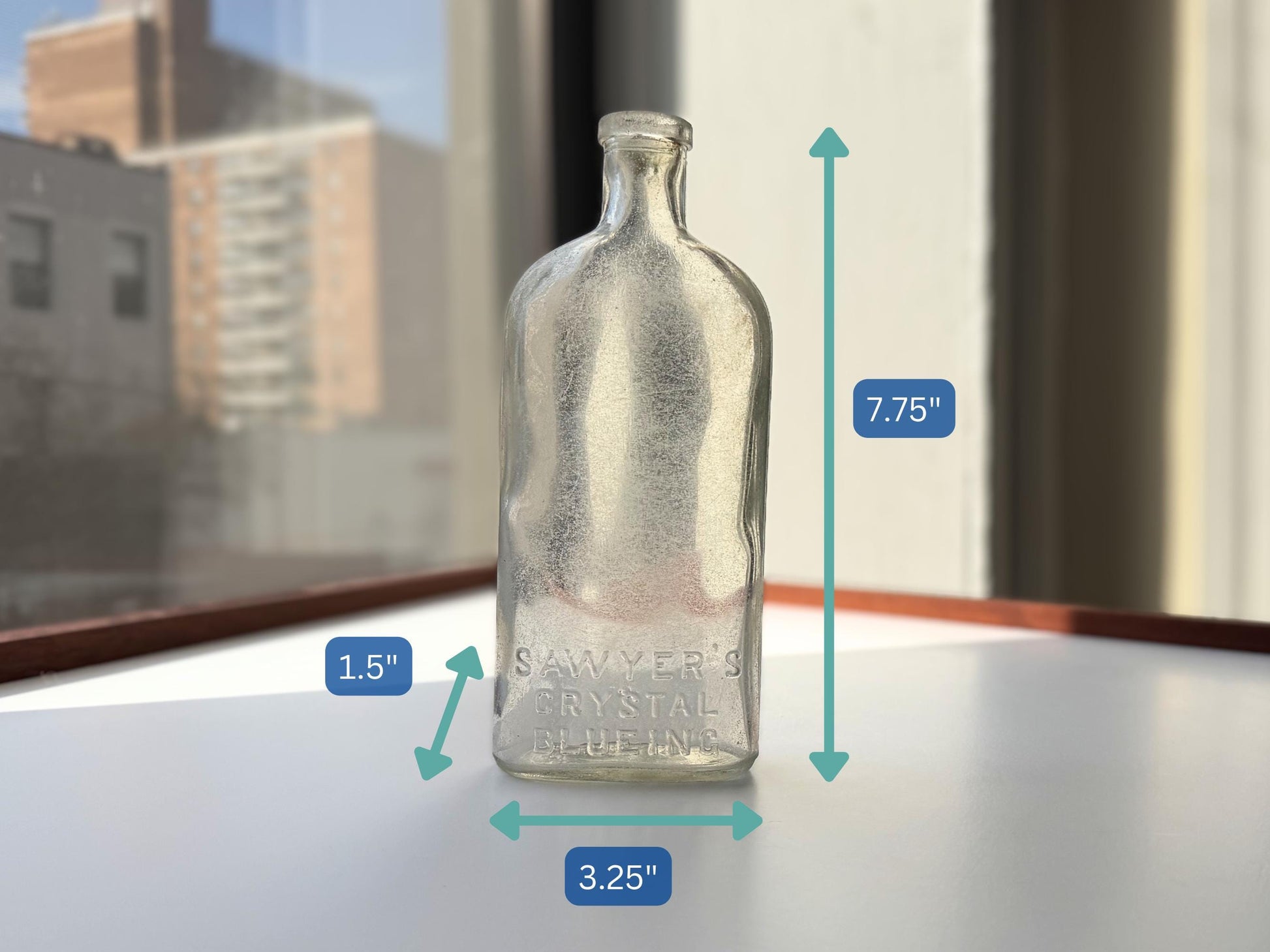Vintage Sawyer's Crystal Blueing clear glass bottle 7.75 inches tall completely frosted by ocean exposure - Victorian era laundry product bottle hand-recovered from NYC beach