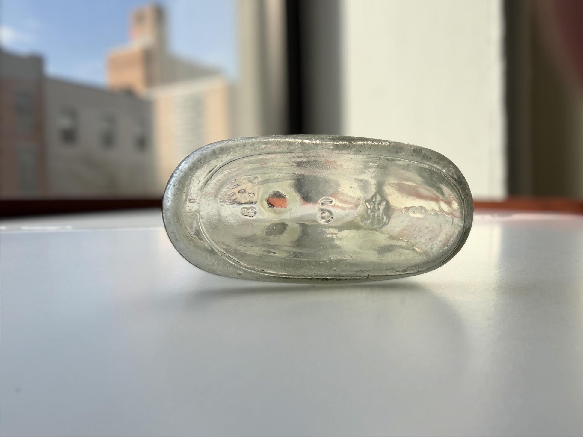 Vintage Sawyer's Crystal Blueing clear glass bottle 7.75 inches tall completely frosted by ocean exposure - Victorian era laundry product bottle hand-recovered from NYC beach