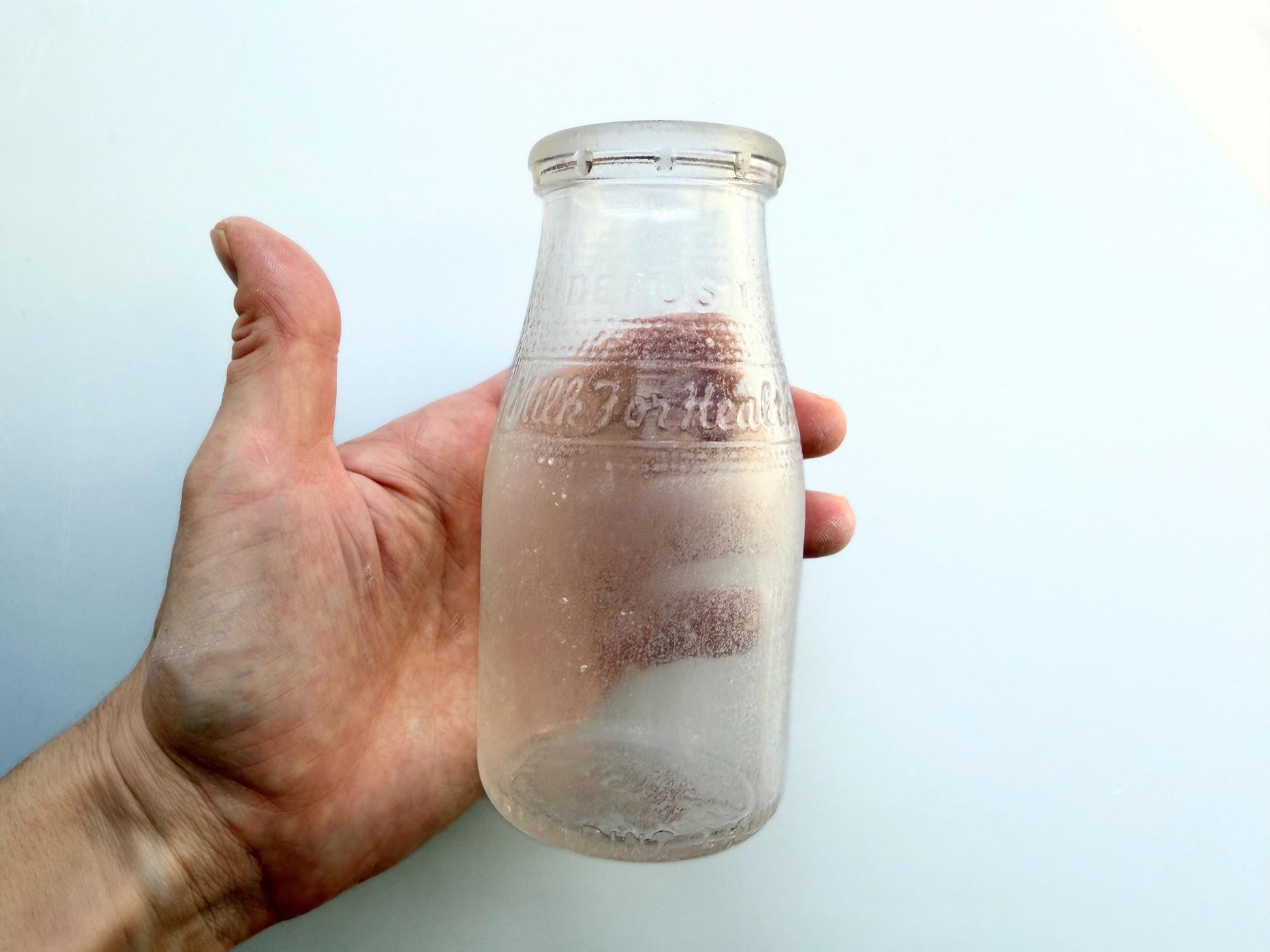 Vintage 1953 NYC Milk for Health half-pint bottle 5.25 inches tall completely frosted by ocean exposure - genuine sea-worn glass hand-recovered from NYC