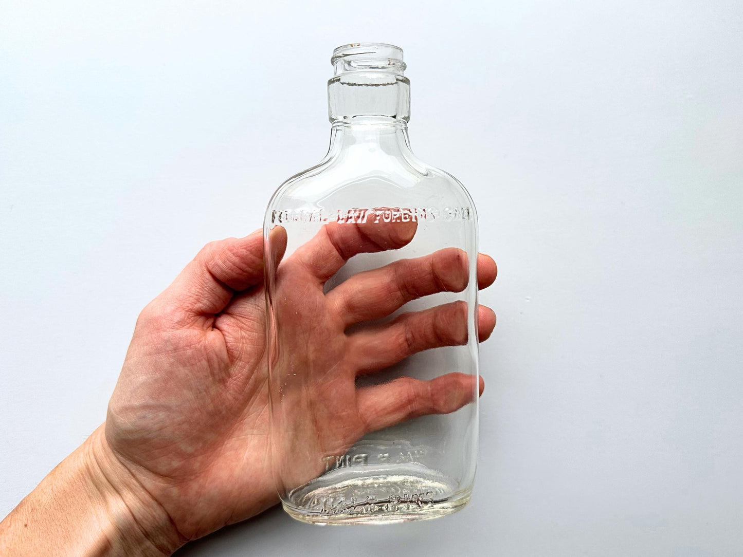 Vintage 1950 Clear Glass Flask Bottle Federal Law – side view – Brooklyn Sea Glass