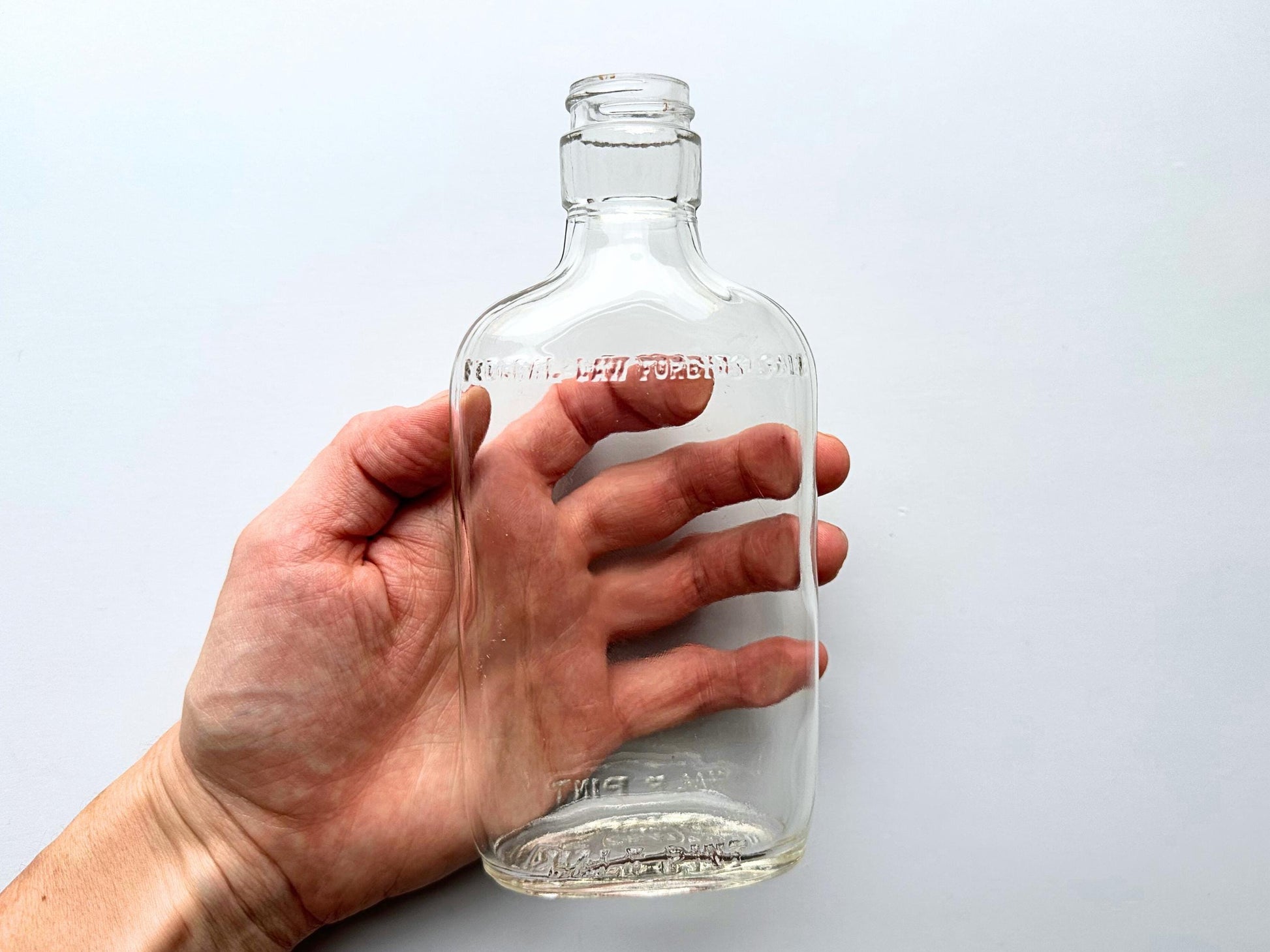 Vintage 1950 Clear Glass Flask Bottle Federal Law – side view – Brooklyn Sea Glass
