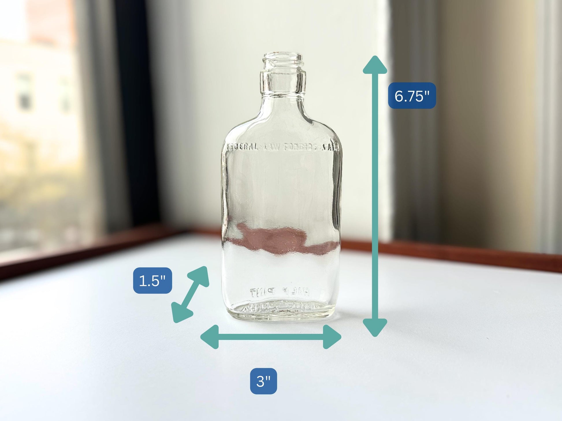 Vintage 1950 Clear Glass Flask Bottle Federal Law – detail view – Brooklyn Sea Glass