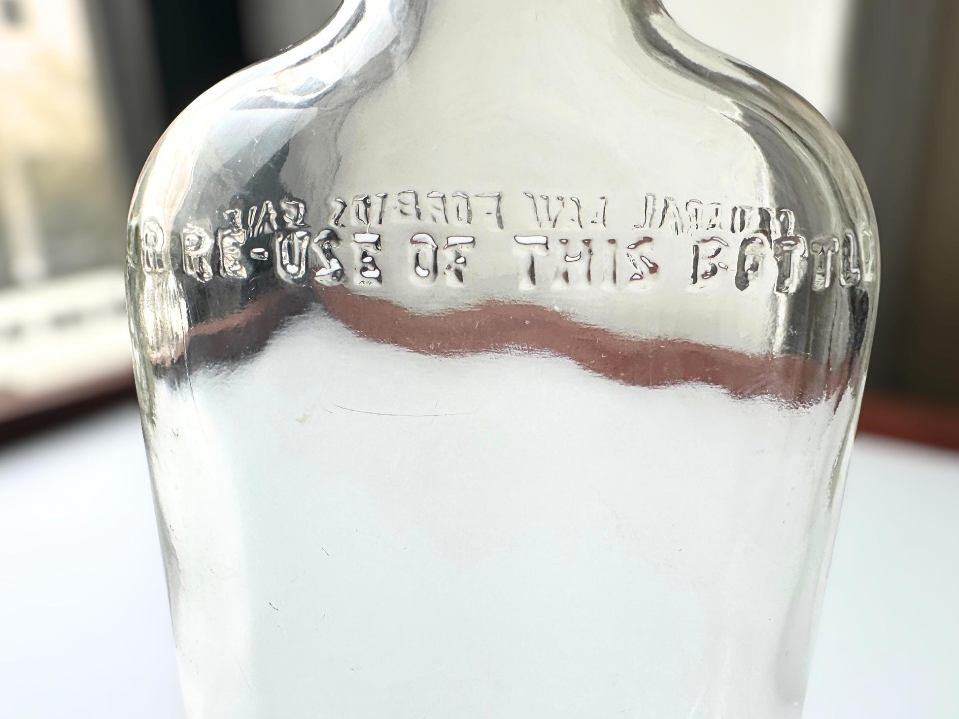 Vintage 1950 Clear Glass Flask Bottle Federal Law – bottom detail – Brooklyn Sea Glass