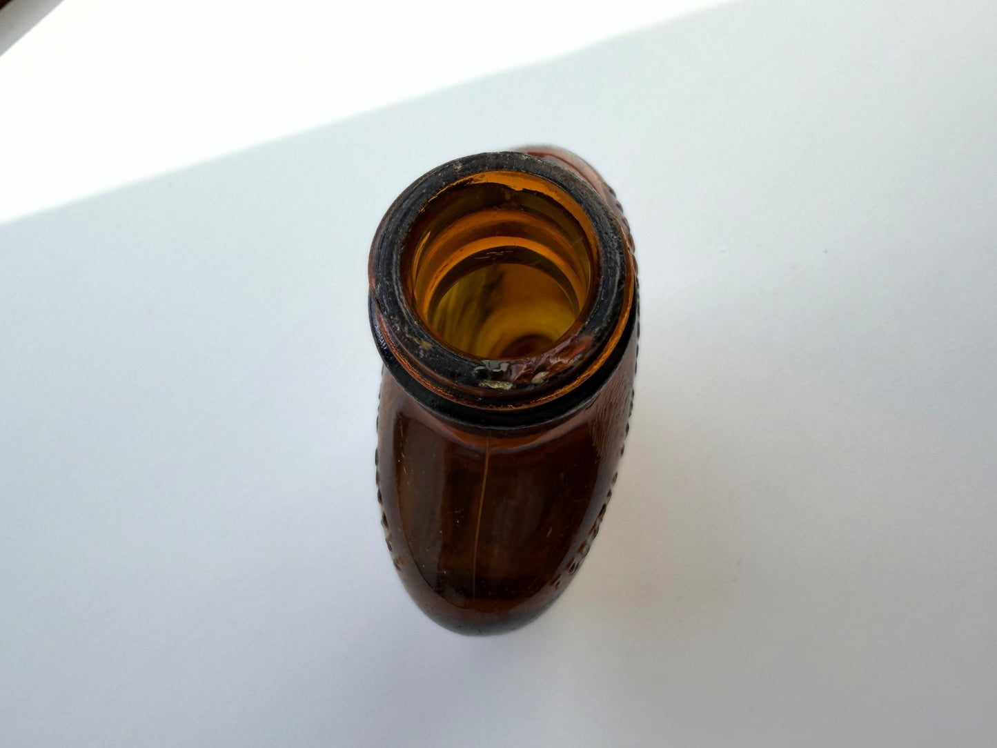 Vintage amber Federal Law flask 6.75 inches tall with beach-worn patina throughout - small chip on mouth - hand-recovered from NYC mid-century dumping grounds