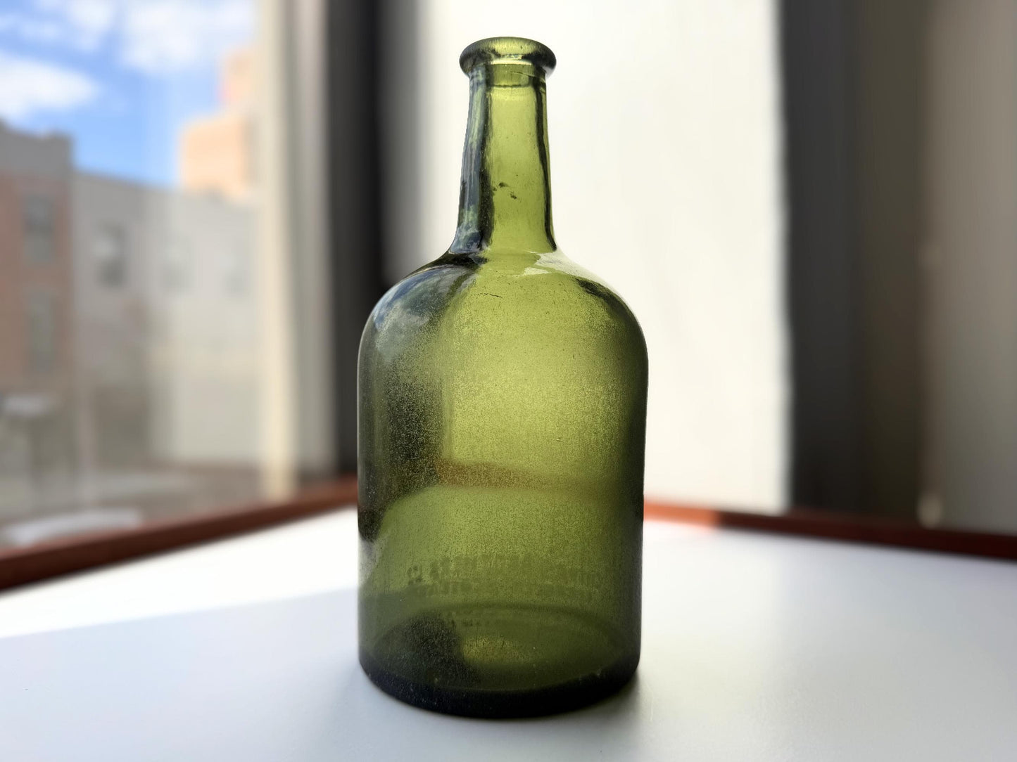 Vintage Chivas Brothers olive green scotch bottle, 8.25 inches tall, embossed with Federal Law Forbids Sale Or Re-Use Of This Bottle — hand-recovered NYC mid-century glass dated 1935 to 1964