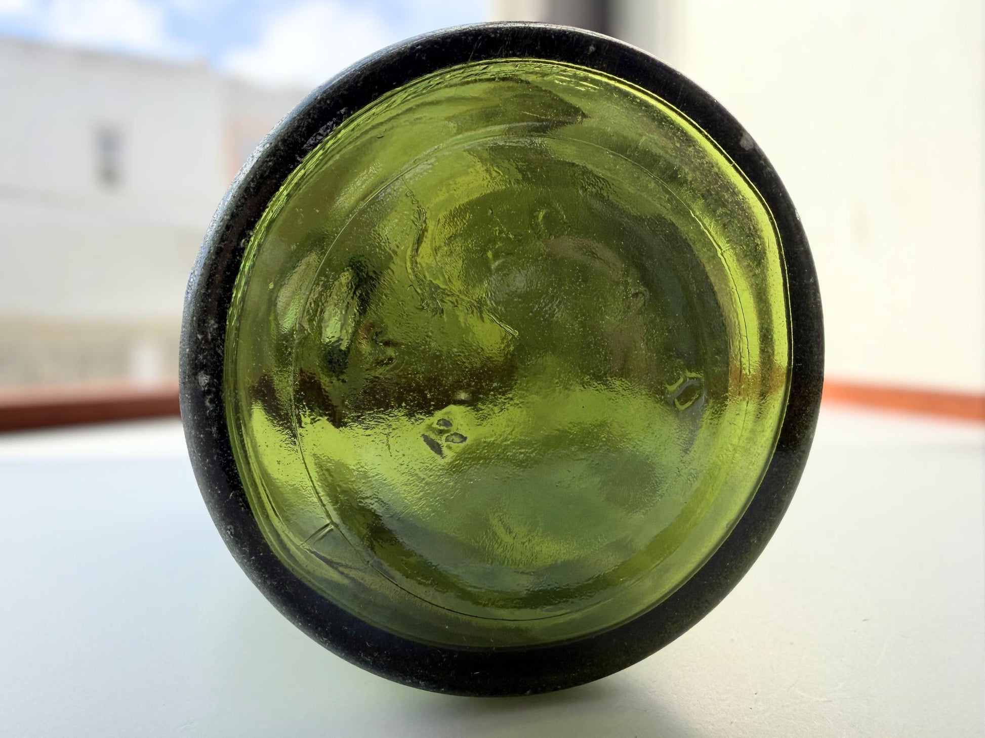 Vintage Chivas Brothers olive green scotch bottle, 8.25 inches tall, embossed with Federal Law Forbids Sale Or Re-Use Of This Bottle — hand-recovered NYC mid-century glass dated 1935 to 1964