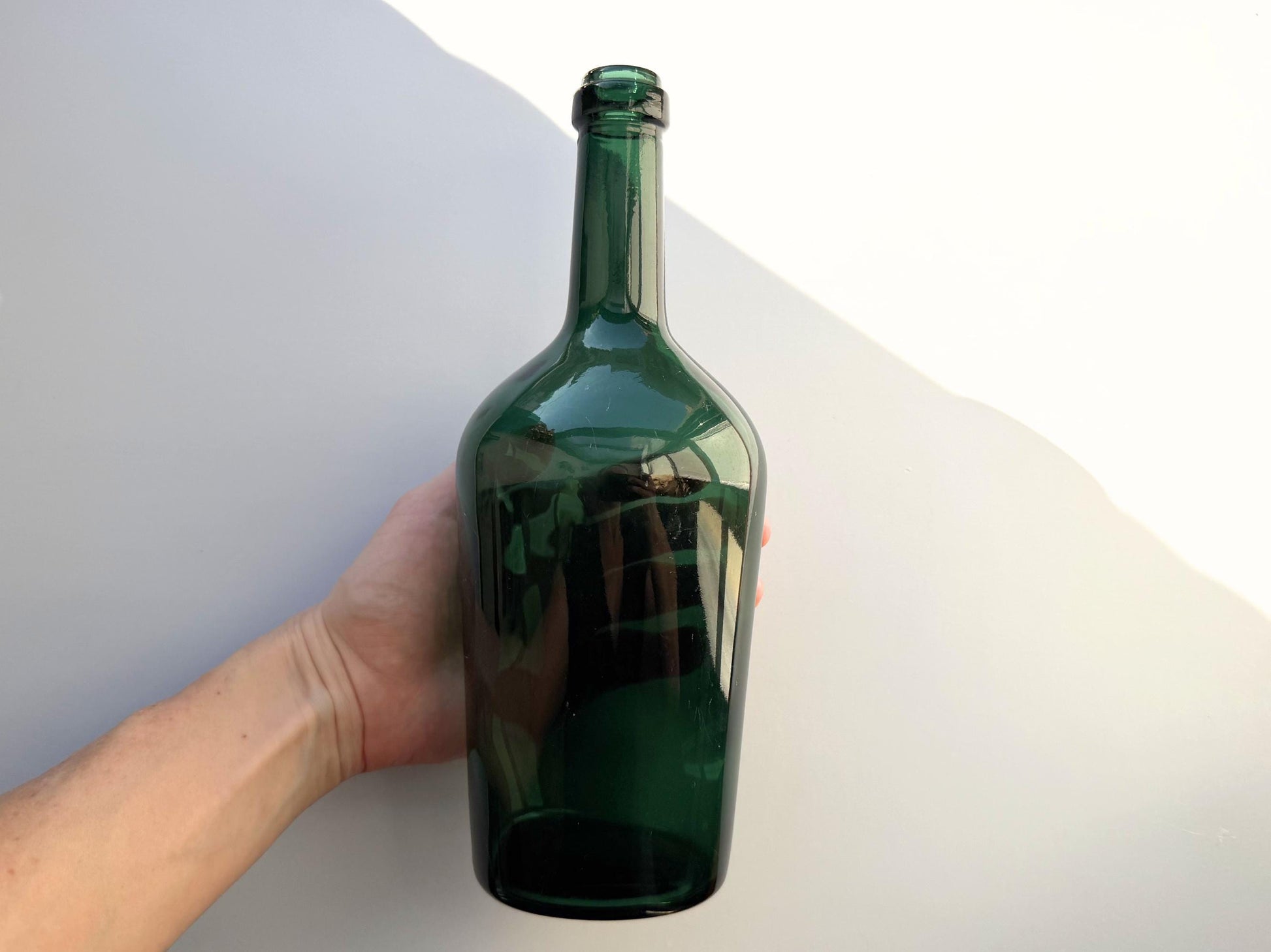 Vintage Forest Green Wine Bottle Neo Deco side view – Brooklyn Sea Glass