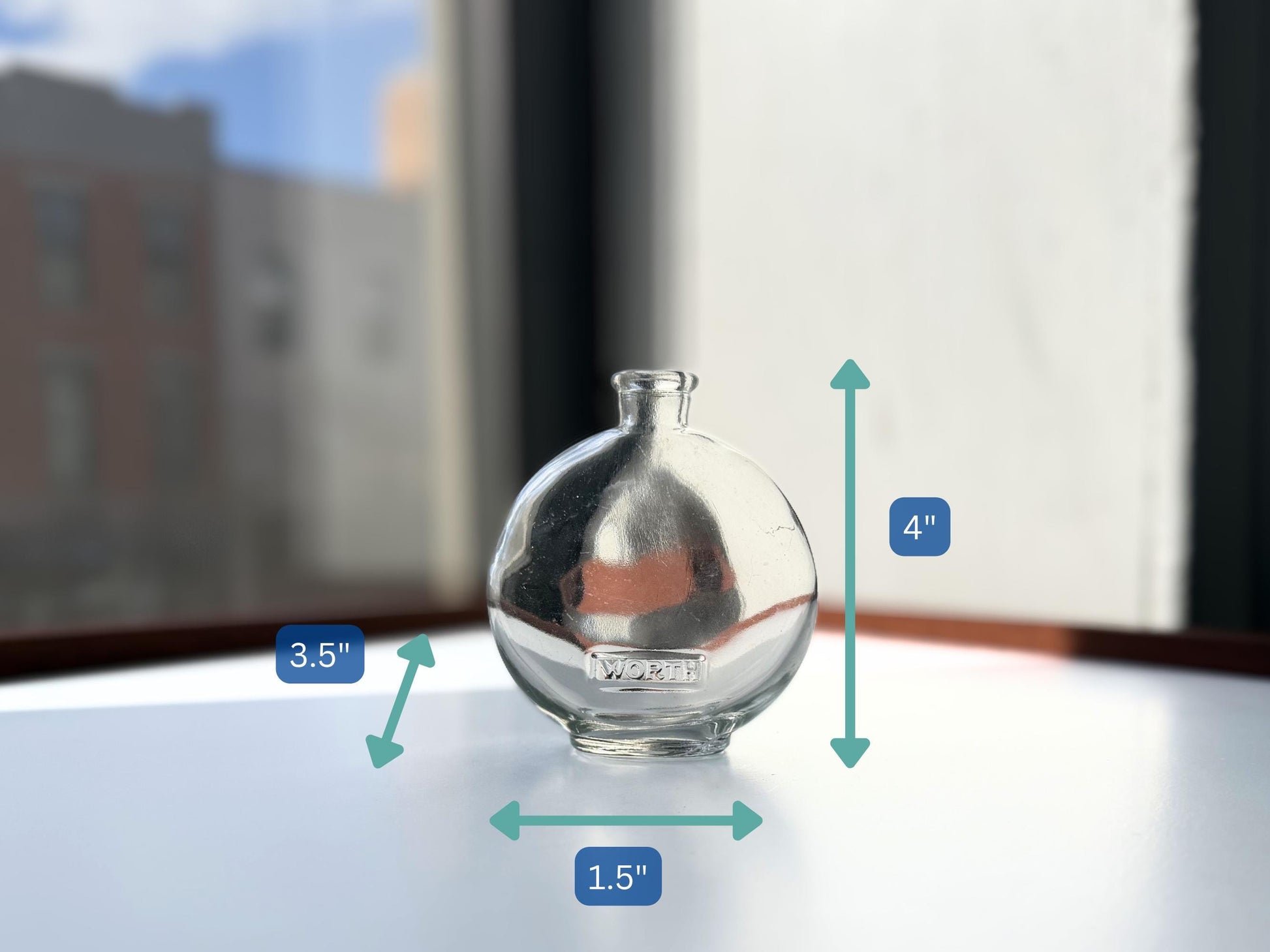 Vintage House of Worth clear crystal globe perfume bottle 4 inches tall with WORTH embossed cartouche - French haute couture heritage piece hand-recovered from NYC
