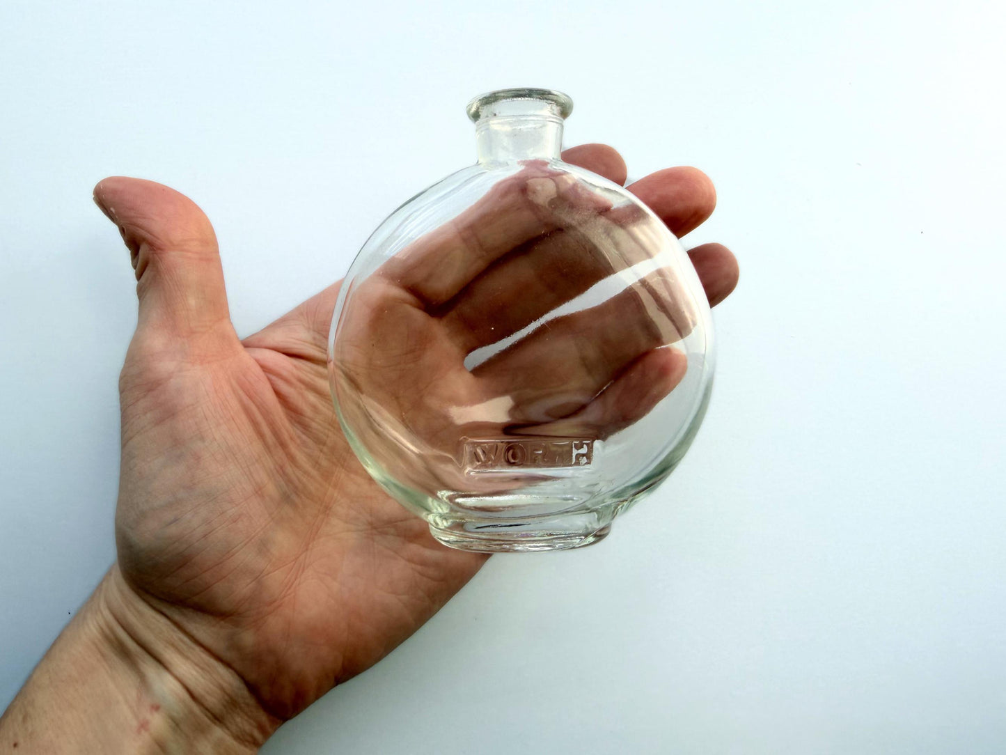 Vintage House of Worth clear crystal globe perfume bottle 4 inches tall with WORTH embossed cartouche - French haute couture heritage piece hand-recovered from NYC