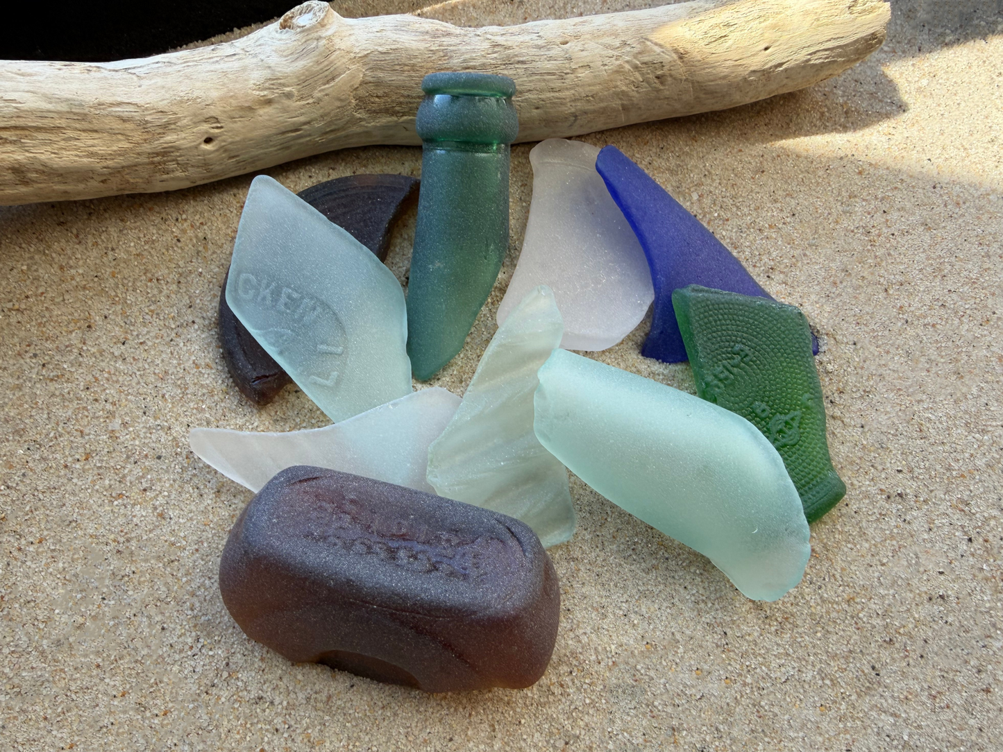 XL sea glass pieces from NYC beaches, large colorful authentic collection with embossed markings and driftwood
