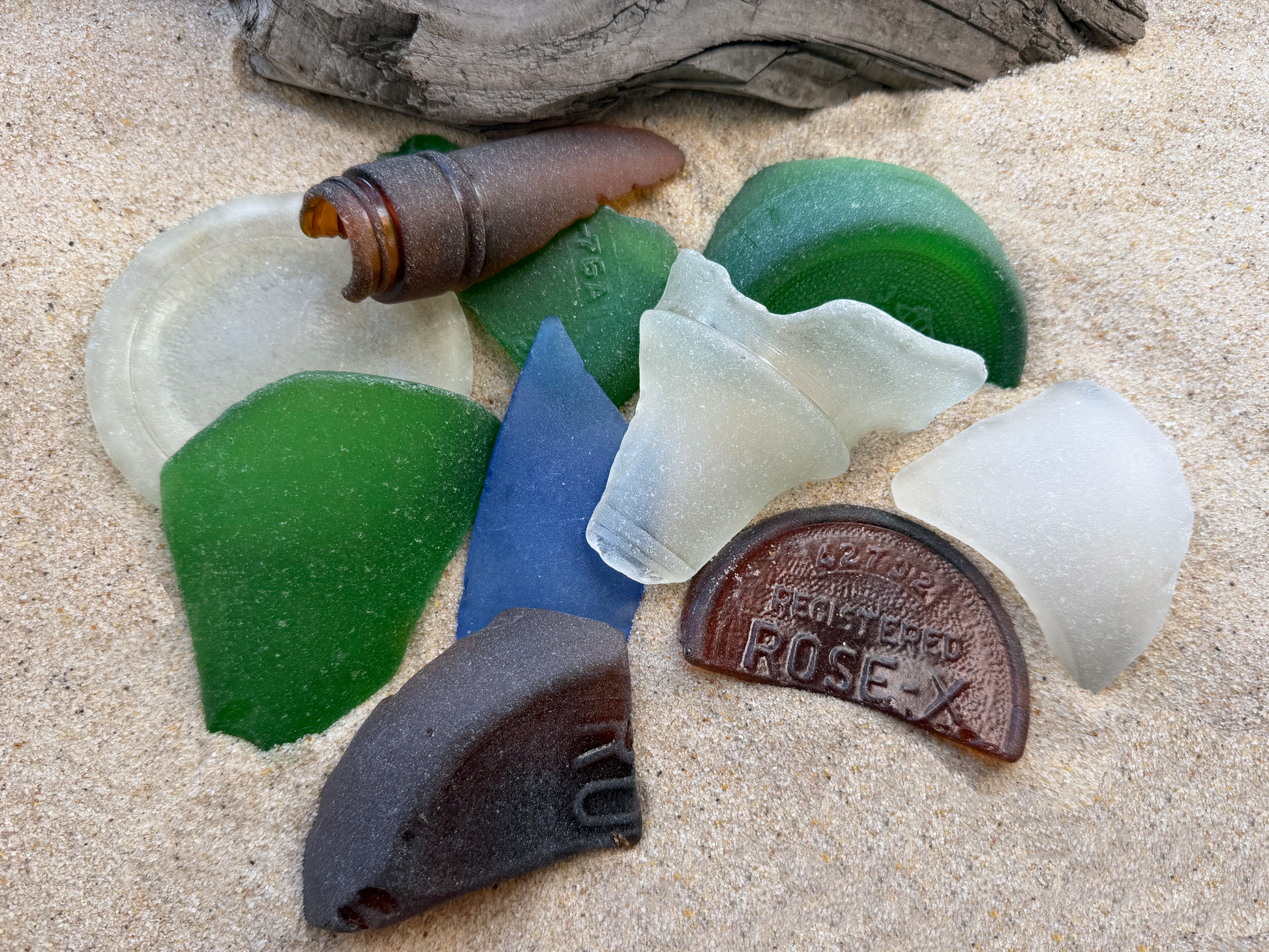 XL sea glass with rare Rose-X registered embossed marking, genuine antique NYC beach glass piece 3-4 inches