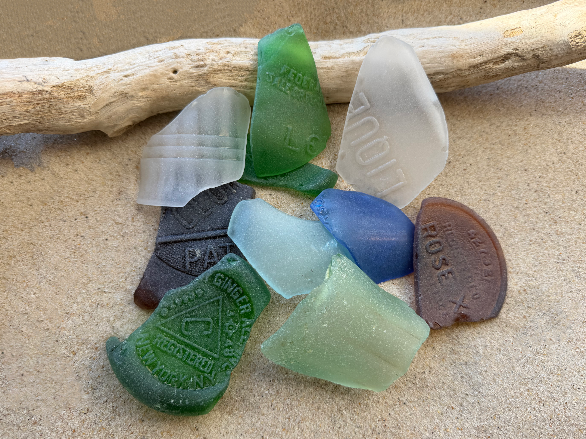 Extra large genuine sea glass with embossed vintage bottle markings, authentic NYC archaeological beach finds 3-4 inches