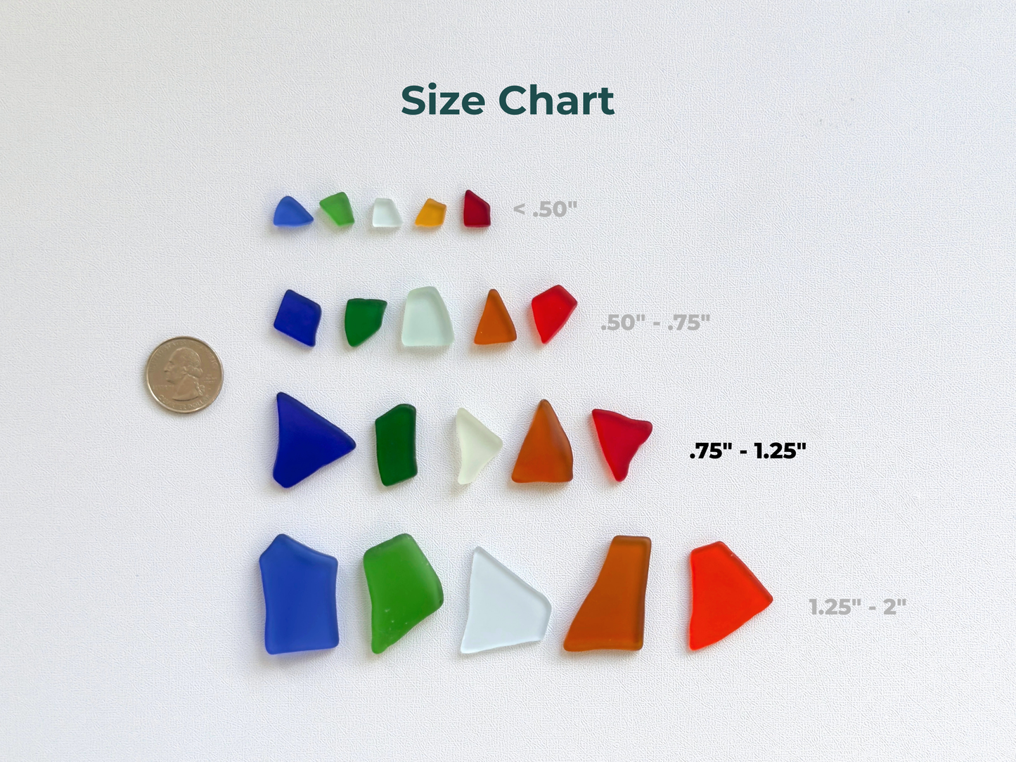 Brooklyn Sea Glass size reference chart – medium pieces ranging from 0.75 to 1.25 inches