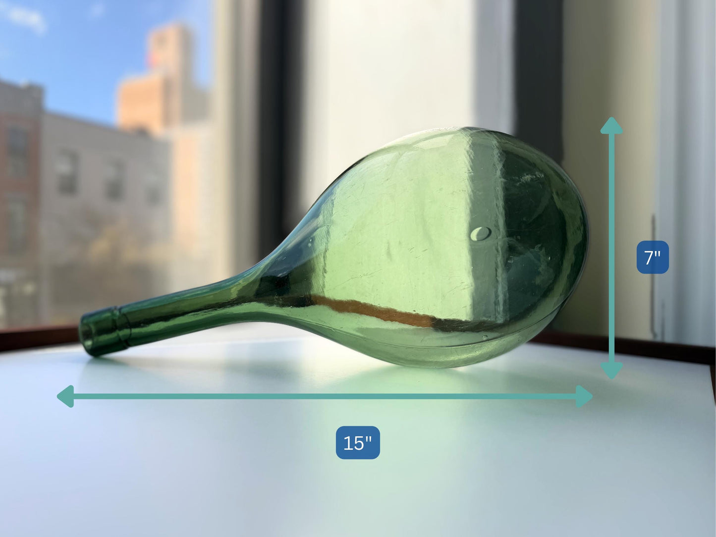 Huge vintage glass green round-bottom wine bottle, 15 inches tall, hand-recovered from NYC mid-century dumping grounds — authentic 1950s or earlier with pontil swirl base mark