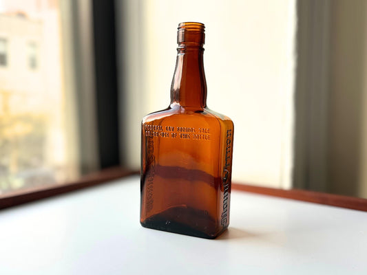 Mount Vernon whiskey bottle full front view, amber glass, Federal Law embossing, NYC beach recovery