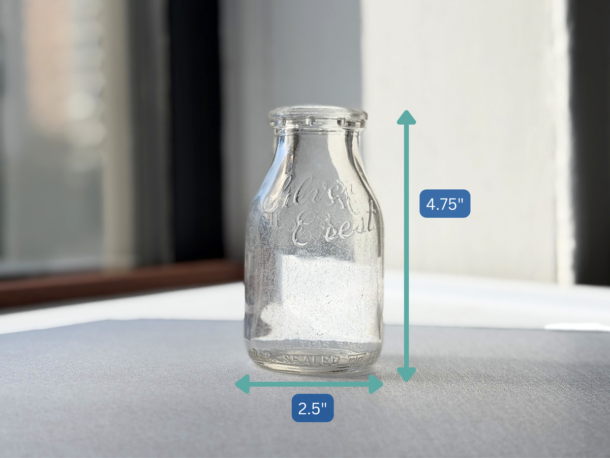 Silver Crest Dairy half pint milk bottle, Queens NY, front view with dimensions